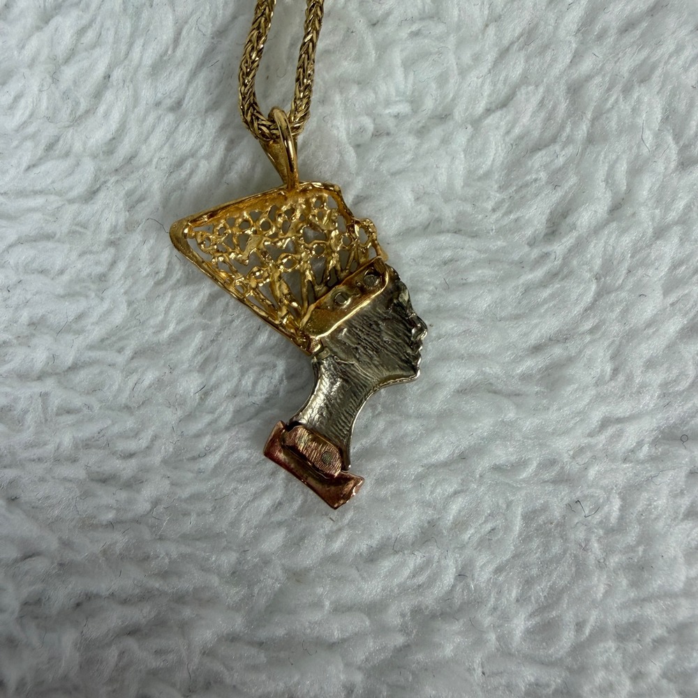 14K Tri Color Queen Nefertiti Pendant Necklace 18 Inch Italian Wheat Chain - Picture 5 of 10